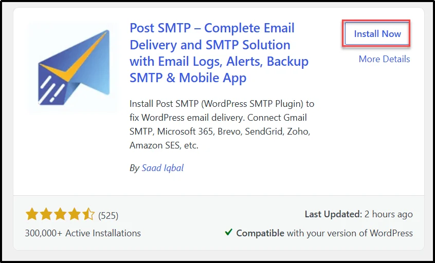 Post SMTP plugin in the WordPress plugin directory with the Install Now button highlighted