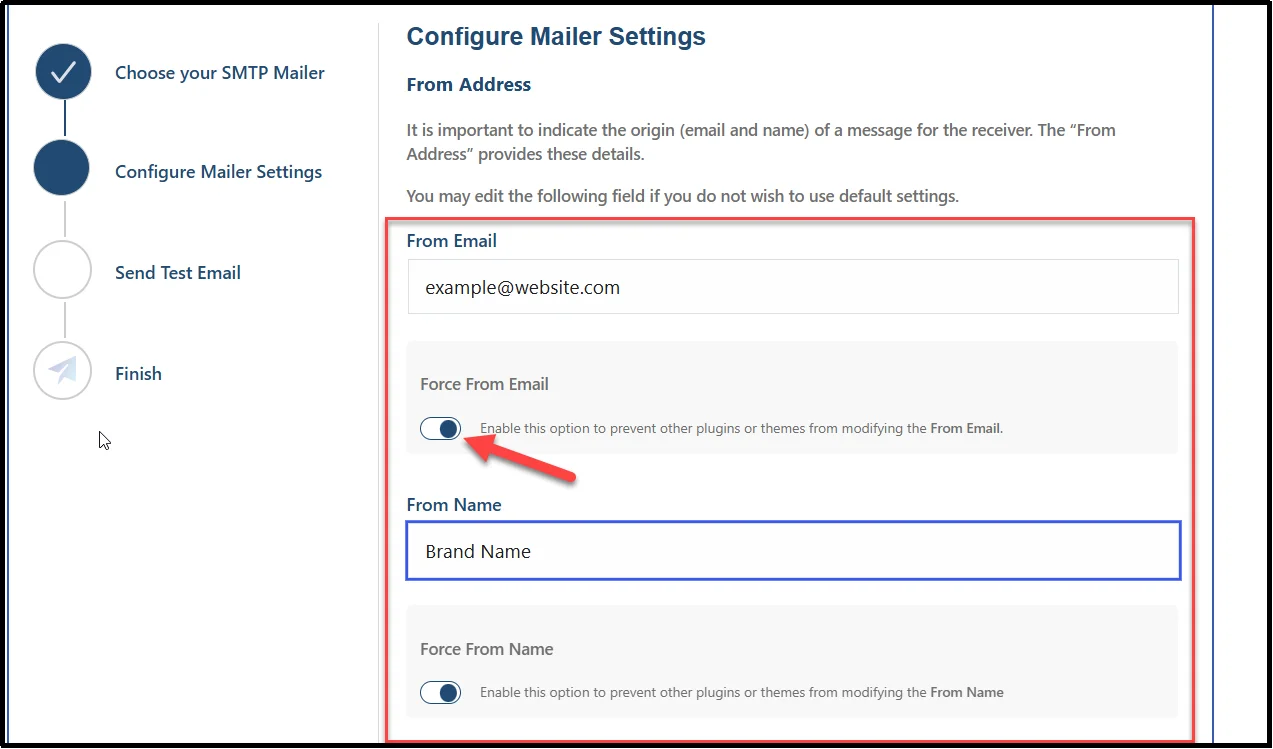 Post SMTP Configure Mailer Settings screen with From Email, From Name, and Force From Email toggles