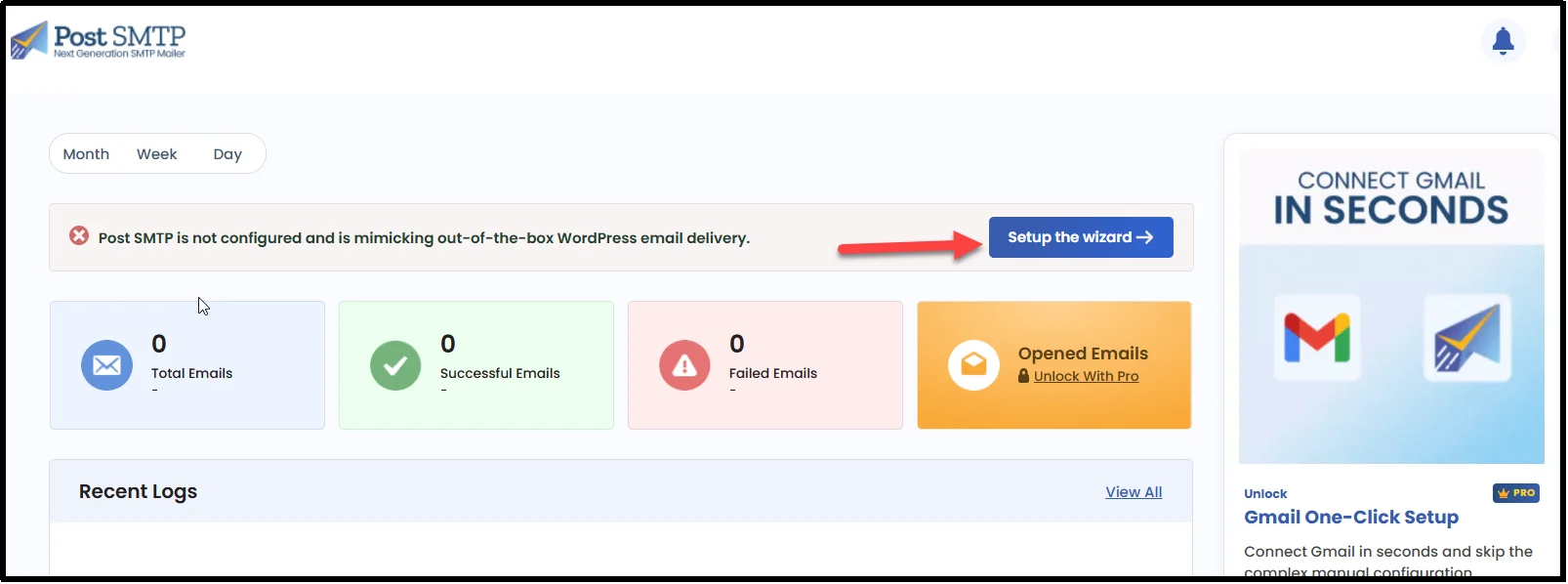 Post SMTP dashboard showing the not-configured notice and the Setup the wizard button