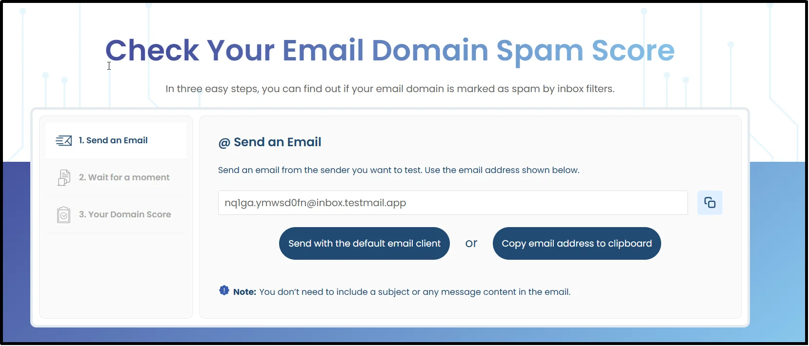 Post SMTP email domain spam score checker with a test email address to send a message to