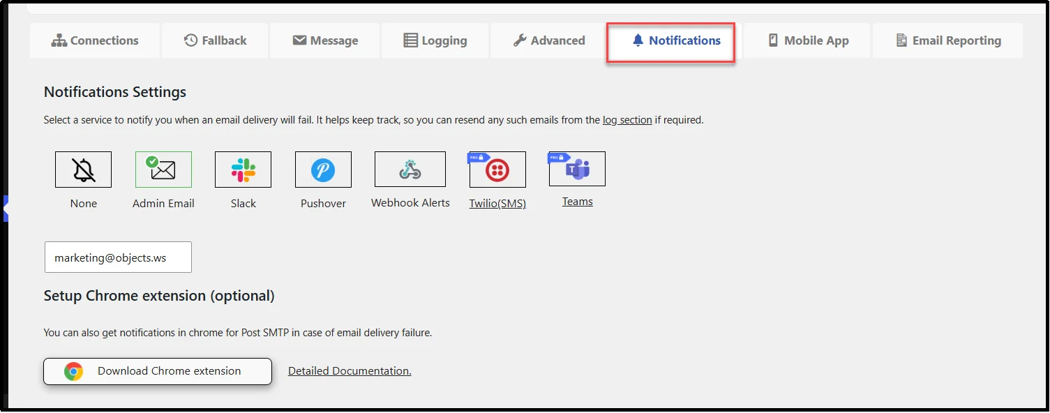 Post SMTP Notifications settings with email failure alert options including Admin Email, Slack, and Pushover