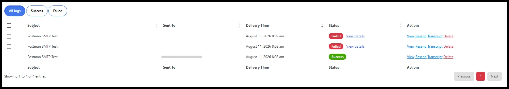 Post SMTP email log listing test emails with Failed and Success delivery statuses