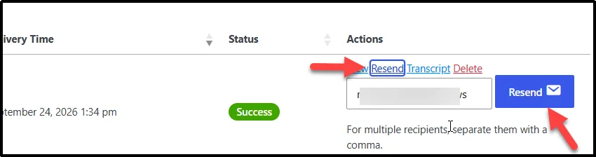 Resend option in the Post SMTP email log with the recipient field and Resend button