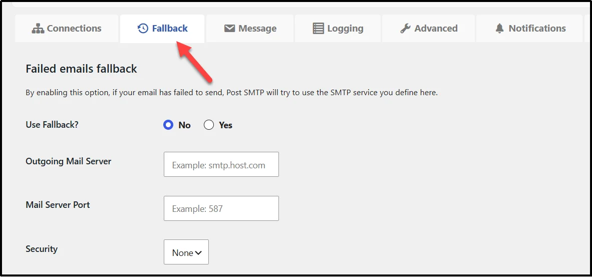 Post SMTP Fallback settings tab for configuring a backup SMTP server, port, and security