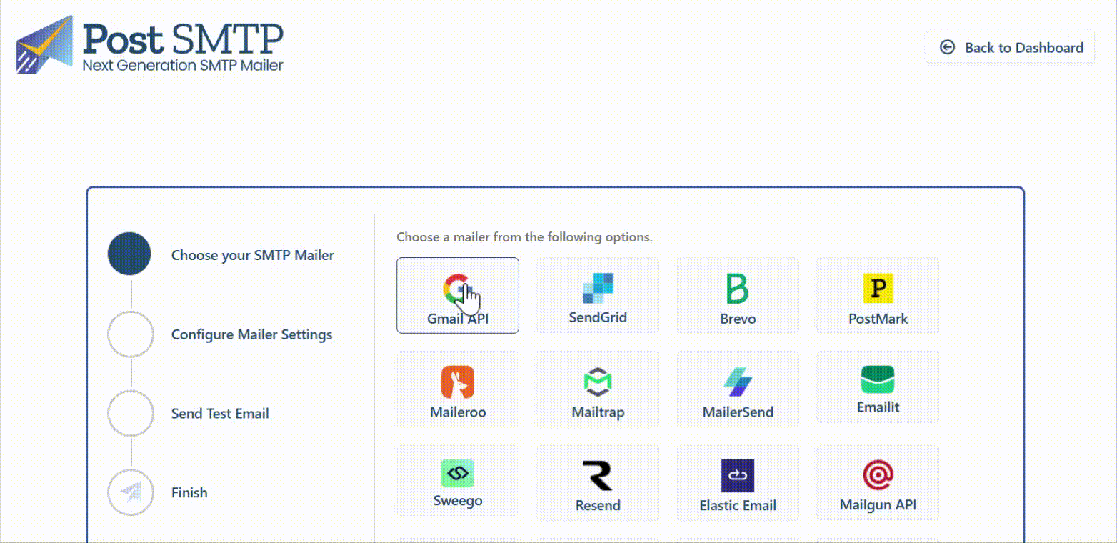 Selecting Gmail API as the mailer in the Post SMTP setup wizard