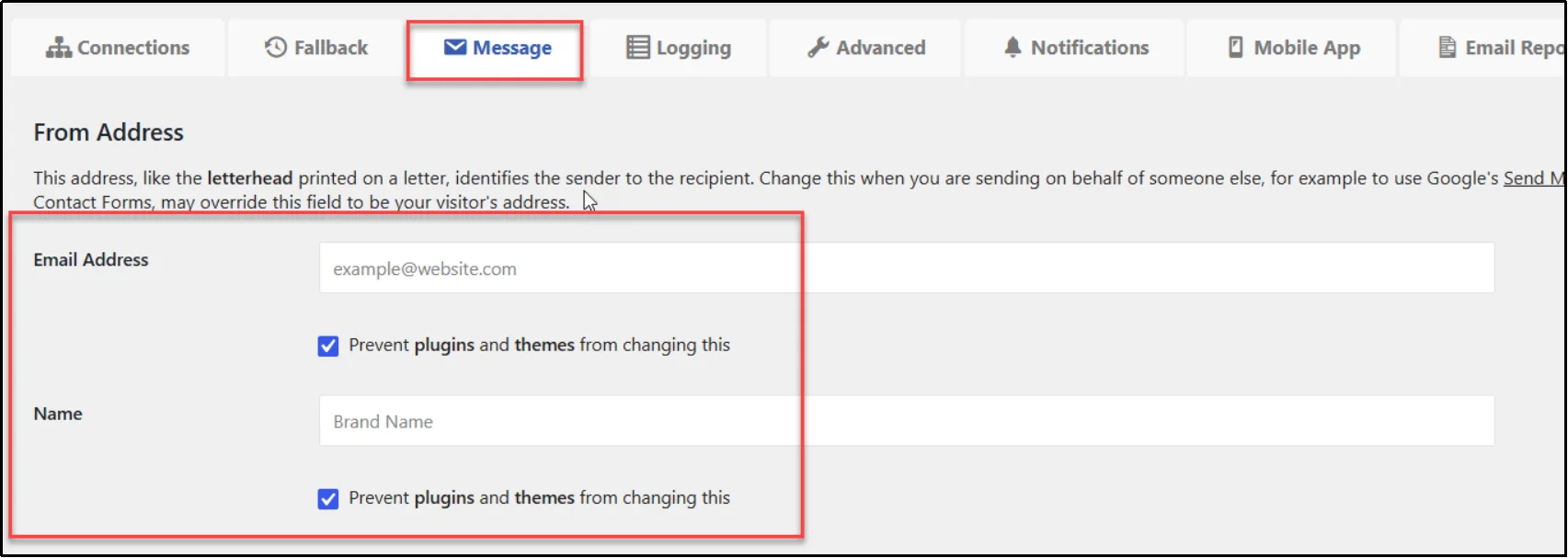 Post SMTP Message settings tab with From email address and name fields and override prevention checkboxes