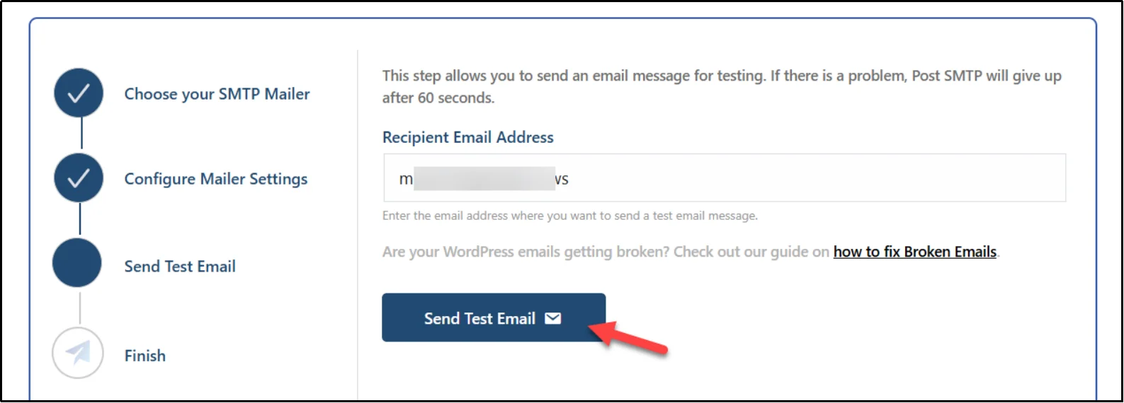 Post SMTP setup wizard Send Test Email step with the recipient email address field