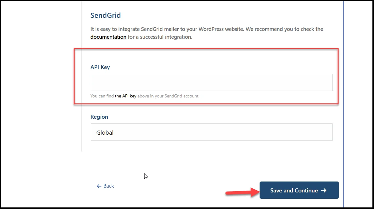 SendGrid API Key field in the Post SMTP setup wizard with the Save and Continue button