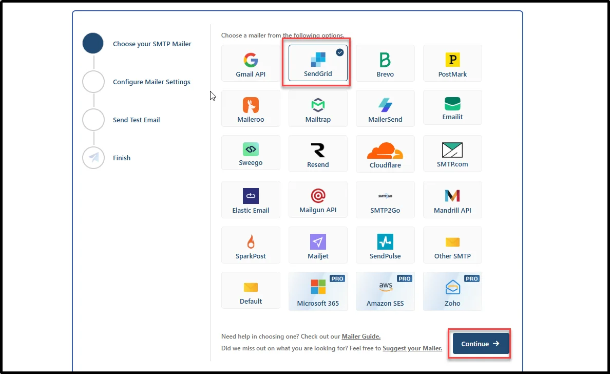 Post SMTP setup wizard with SendGrid selected as the SMTP mailer and the Continue button highlighted