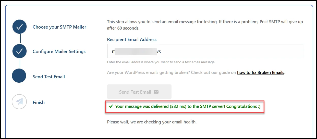 Post SMTP success message confirming the test email was delivered to the SMTP server