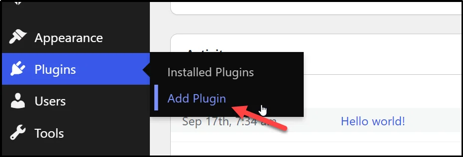 WordPress dashboard Plugins menu with the Add Plugin option highlighted