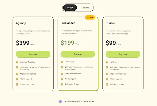 virfice pricing sections page