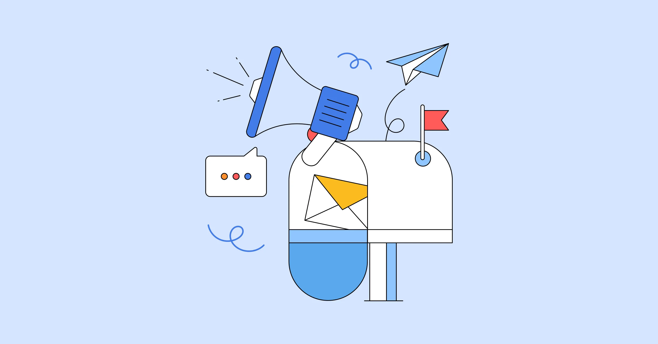Megaphone and email above a mailbox with a raised flag, illustrating the risk of sudden email sending volume spikes
