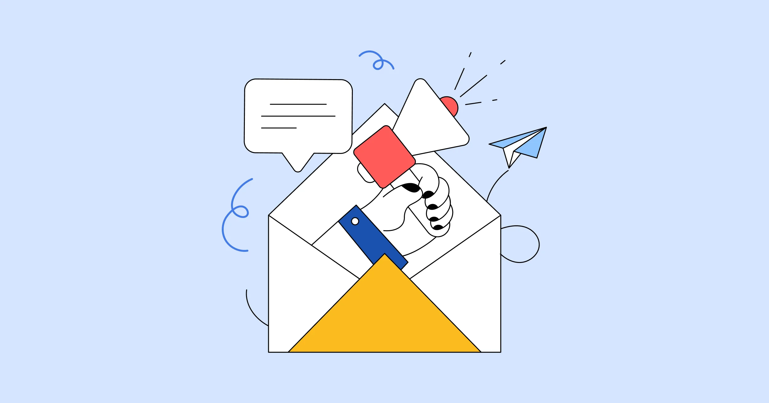 Megaphone rising from an open envelope beside a message bubble, representing content that matches subscriber expectations