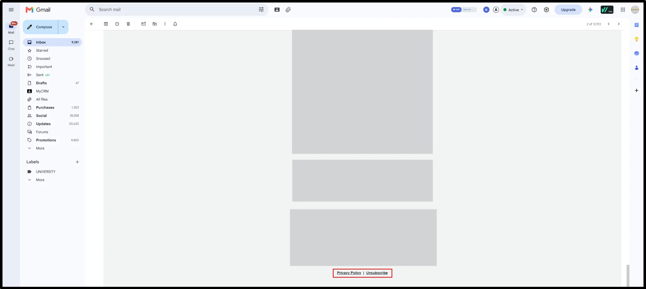 Email footer in Gmail with the Privacy Policy and Unsubscribe links highlighted at the bottom of a marketing email
