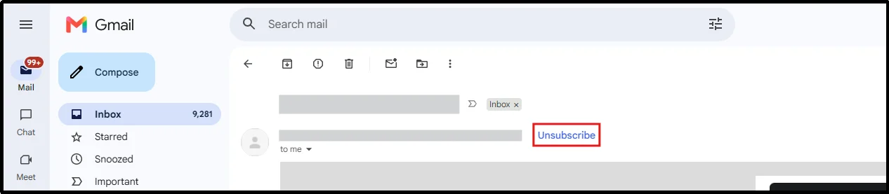 Gmail one-click Unsubscribe button highlighted next to the sender name at the top of an email