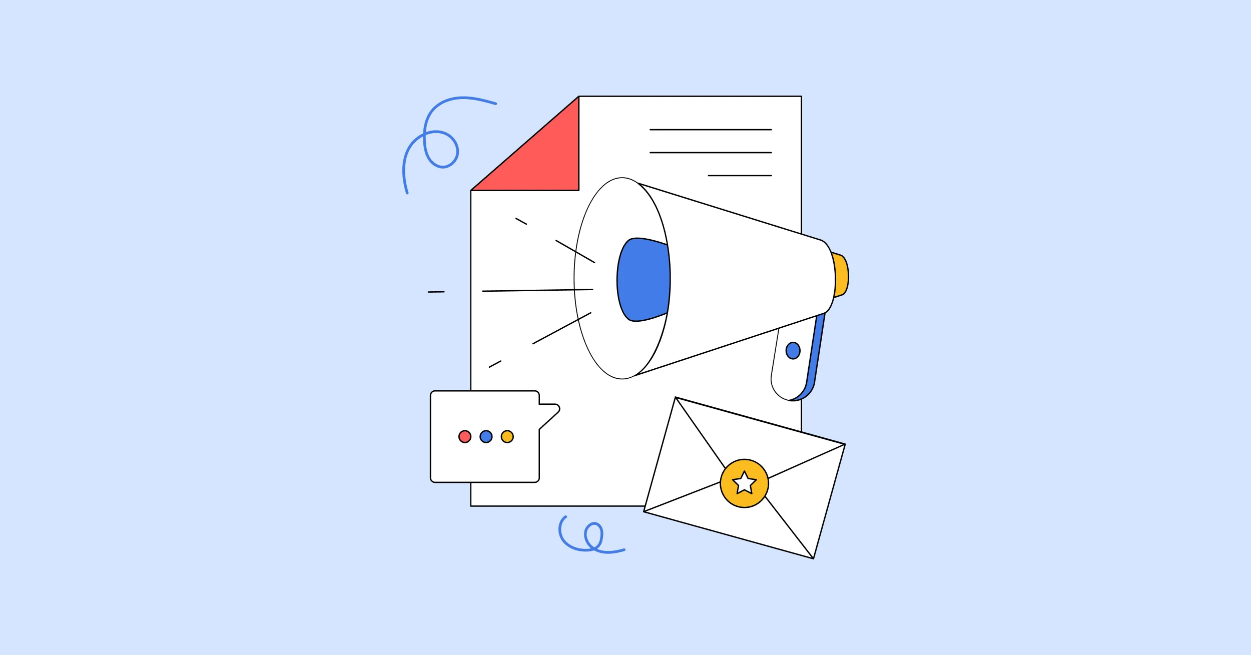 Document with a megaphone, message bubble, and star-sealed envelope, representing email sender reputation monitoring