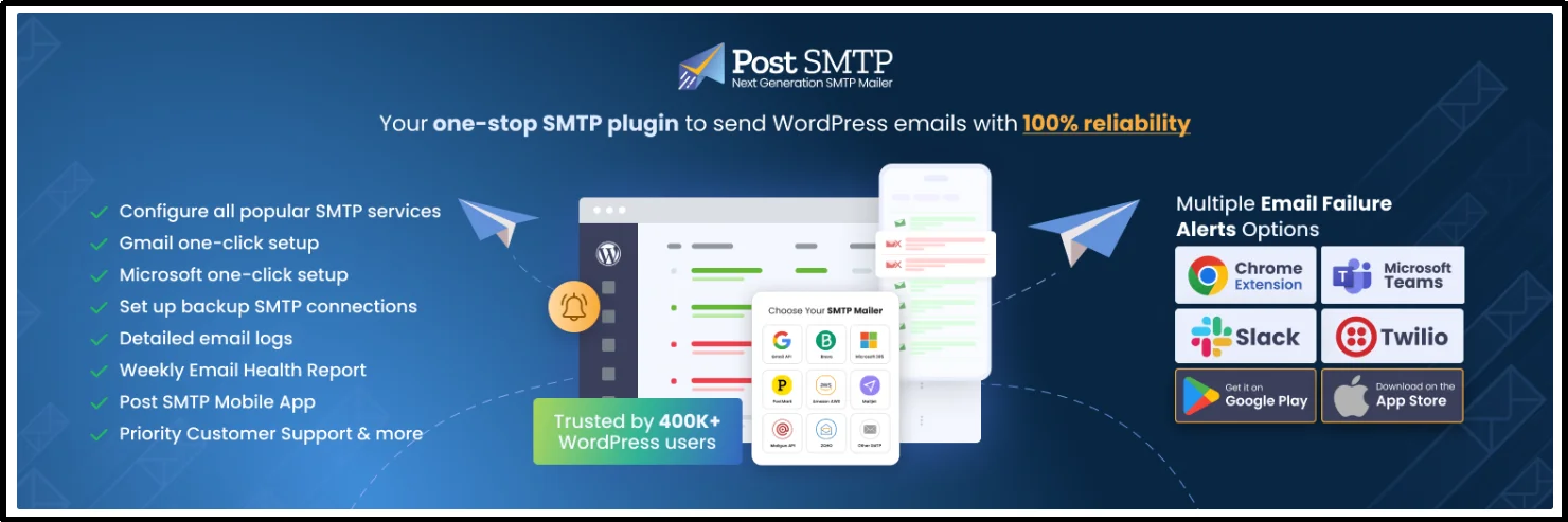 Post SMTP banner showing SMTP mailer options, email logs, failure alerts, and mobile app for WordPress email delivery