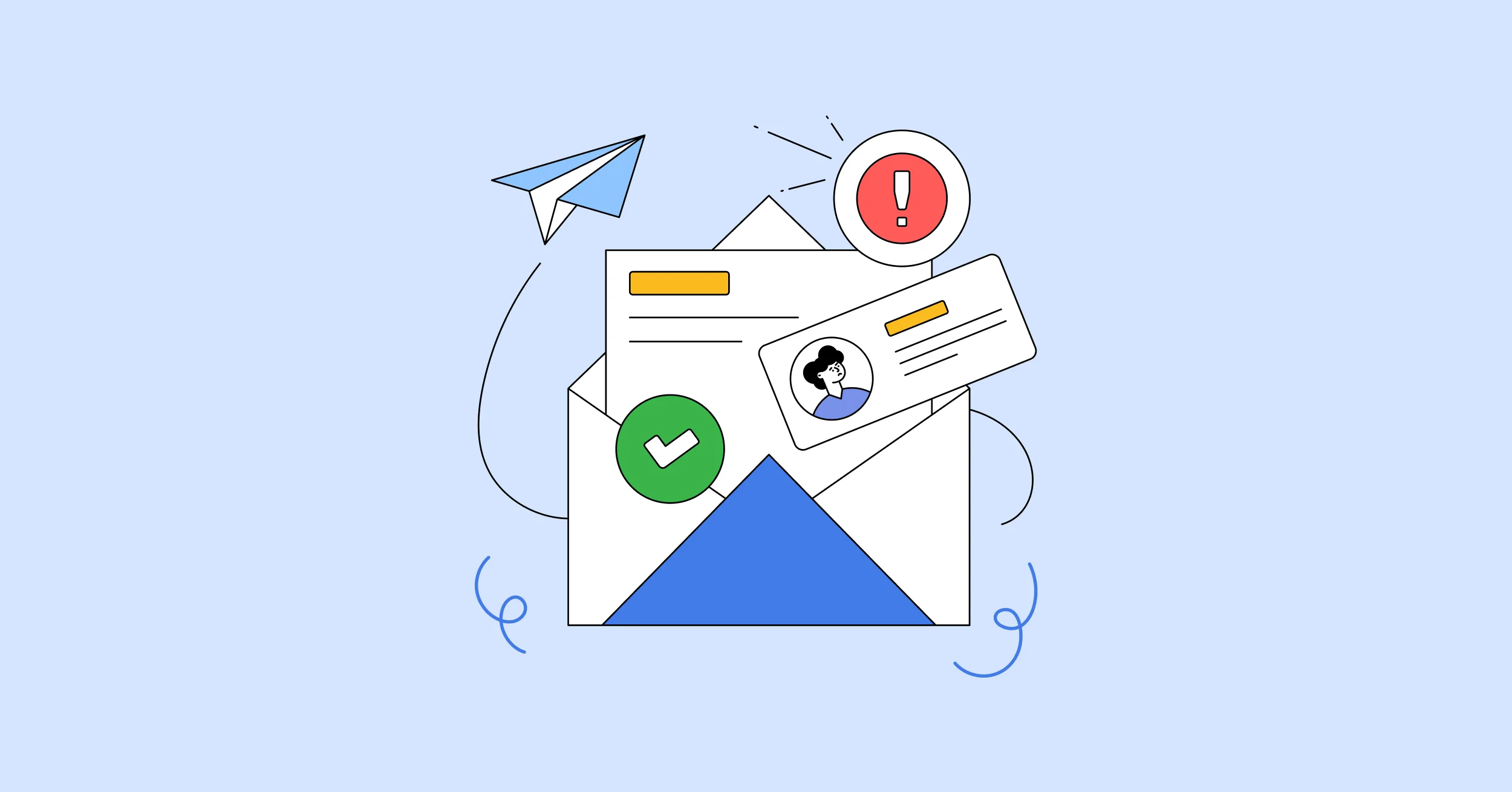 Open envelope with a checkmark, warning alert, and subscriber card, representing ways to reduce email spam complaints