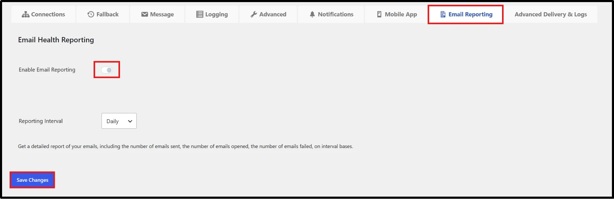 Post SMTP Email Reporting tab with the Enable Email Reporting toggle and reporting interval