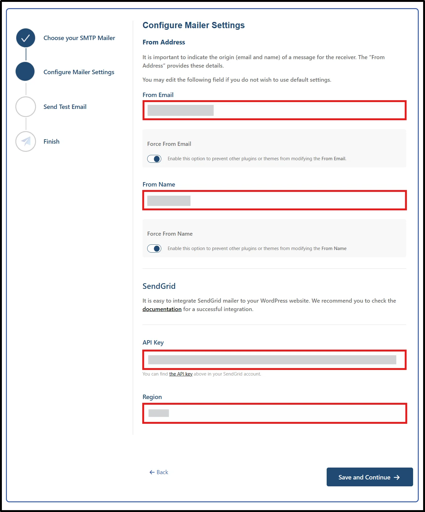 Post SMTP SendGrid mailer settings with From Email, From Name, API Key, and Region fields