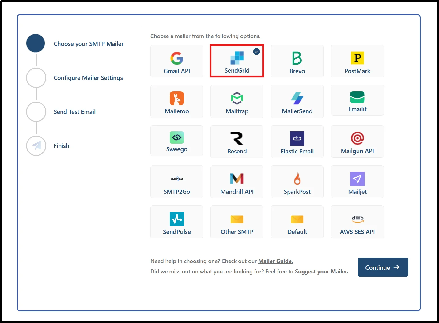 Post SMTP setup wizard mailer options with SendGrid selected