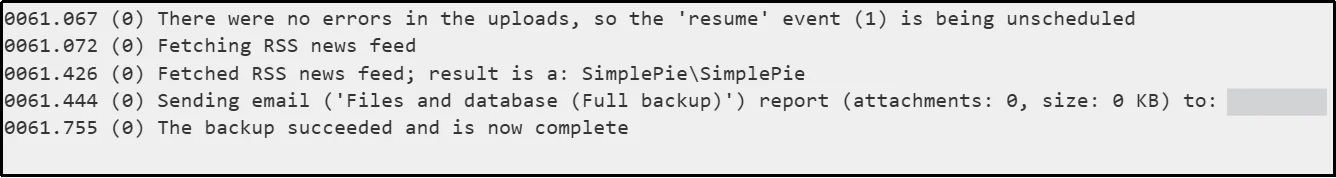 UpdraftPlus backup log entry confirming the backup email report was sent