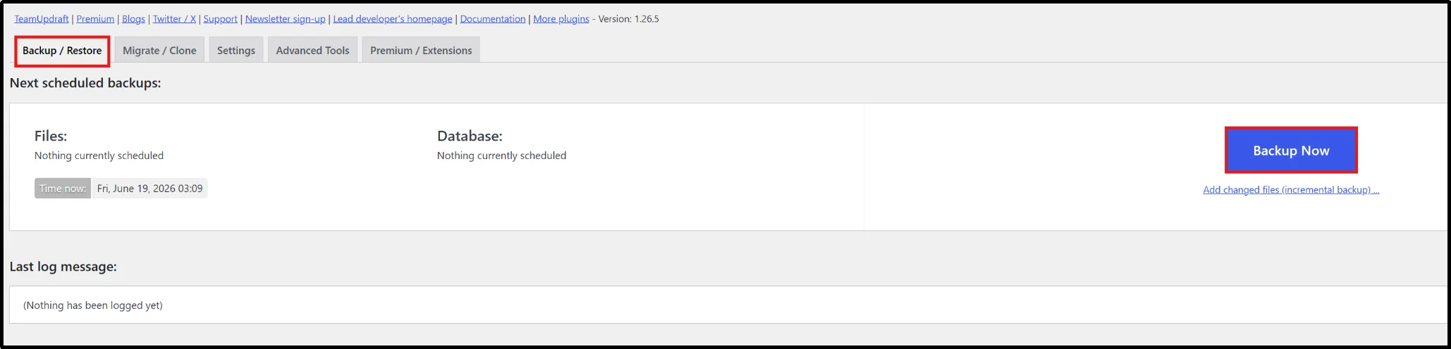 UpdraftPlus Backup / Restore tab with the Backup Now button highlighted