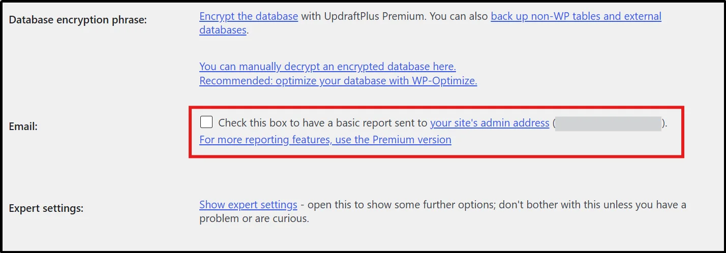 UpdraftPlus email setting to send a basic backup report to the site admin address