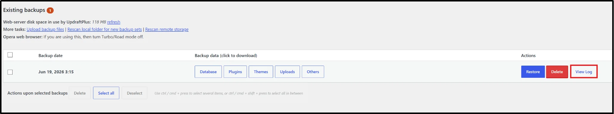 UpdraftPlus existing backups list with the View Log button highlighted