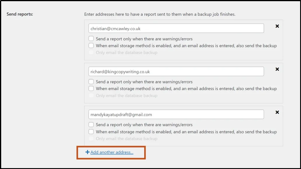 UpdraftPlus Premium Send reports settings with multiple recipient email addresses