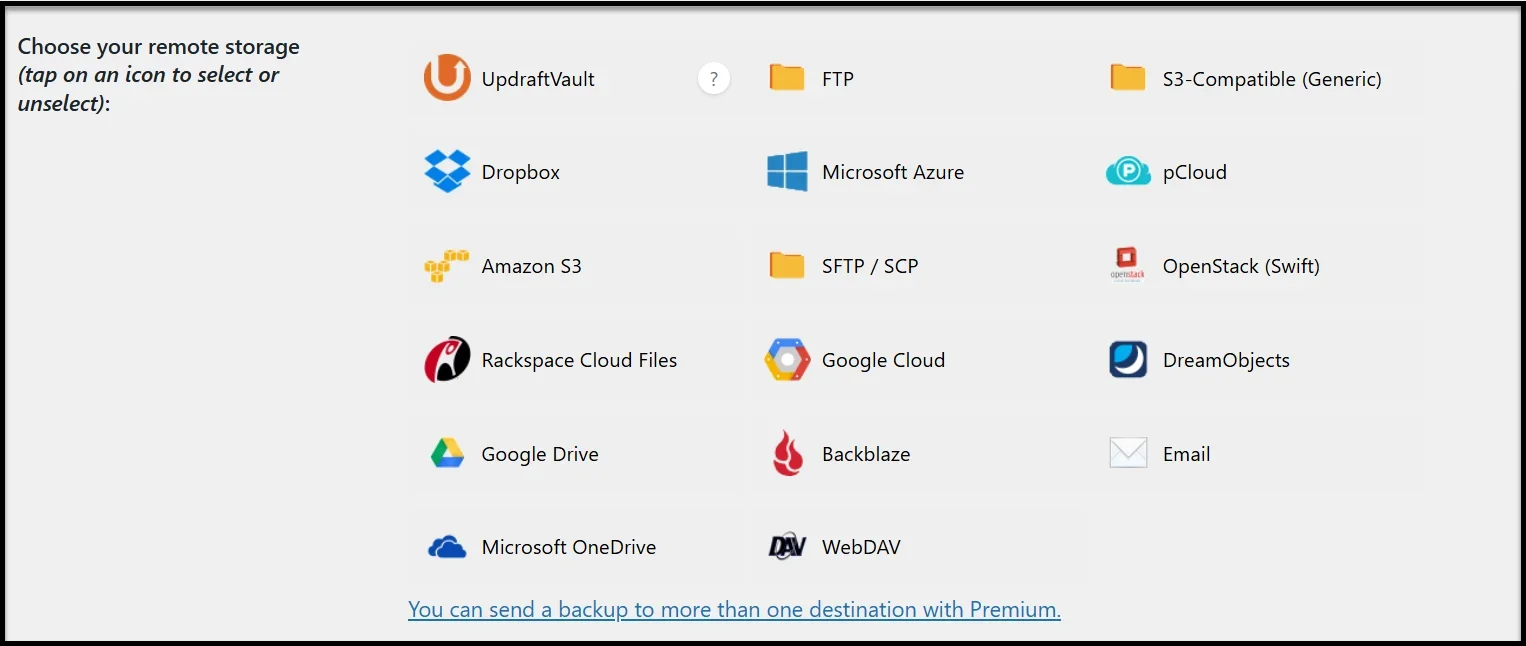 UpdraftPlus remote storage options including UpdraftVault, Google Drive, Dropbox, and Amazon S3
