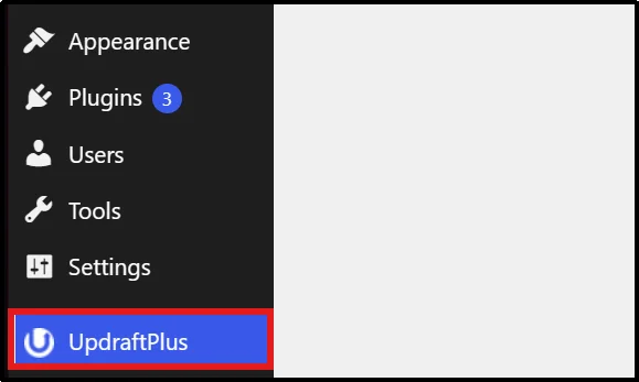 WordPress admin sidebar with the UpdraftPlus menu highlighted