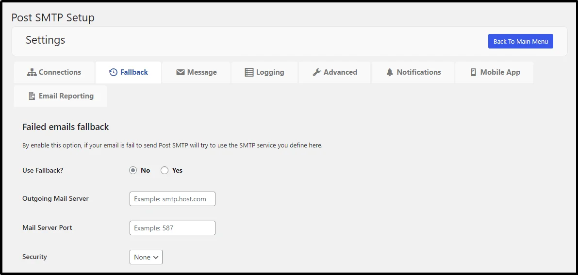 Fallback tab in Post SMTP settings for email delivery