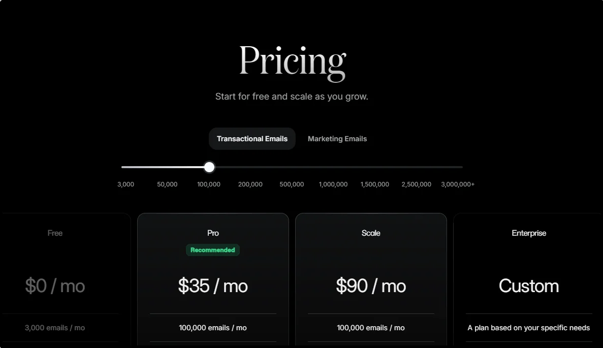 Resend pricing page for email services