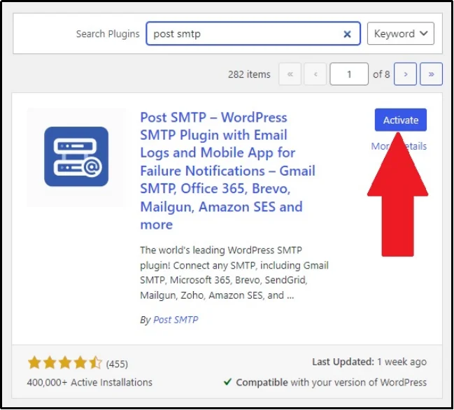 Searching for the Post SMTP plugin in the WordPress plugin search bar