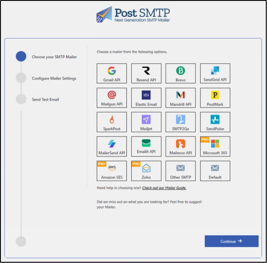 Choosing your preferred SMTP mailer in Post SMTP setup