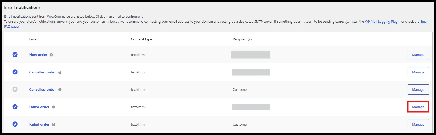 Manage button next to the Failed Order administrator email notification