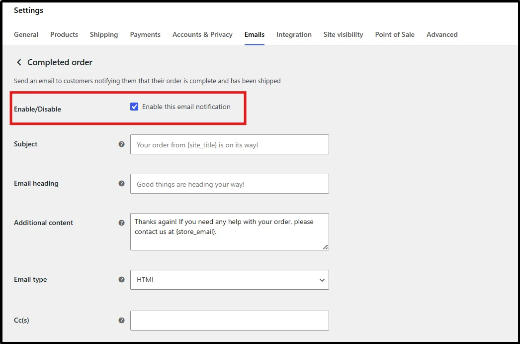 Enable a WooCommerce email notification using the checkbox