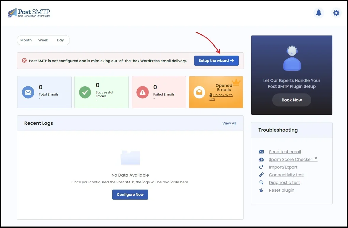 Setup the Wizard button on the Post SMTP dashboard