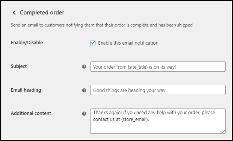 Confirmation screen showing a completed order in WordPress
