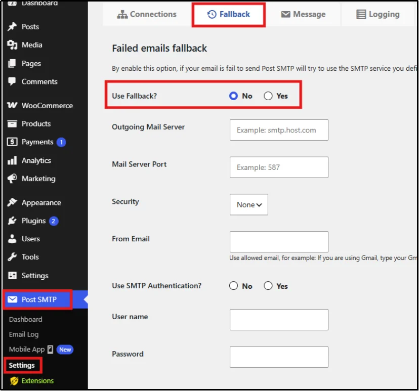 Use Fallback set to Yes in the Post SMTP fallback settings tab