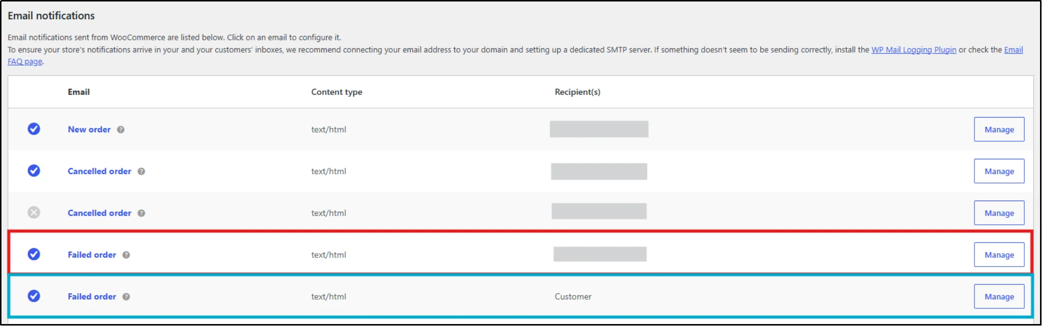 Failed Order email notifications listed in WooCommerce email settings