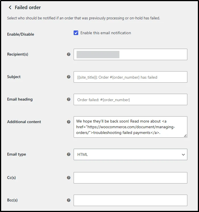 WooCommerce Failed Order email settings with enable, recipient, subject, CC and BCC fields