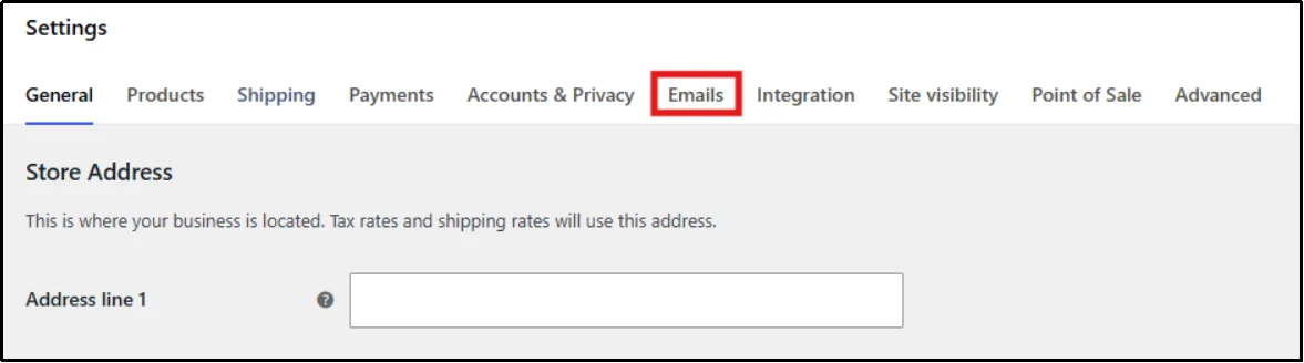 Emails tab in the WooCommerce settings top navigation bar