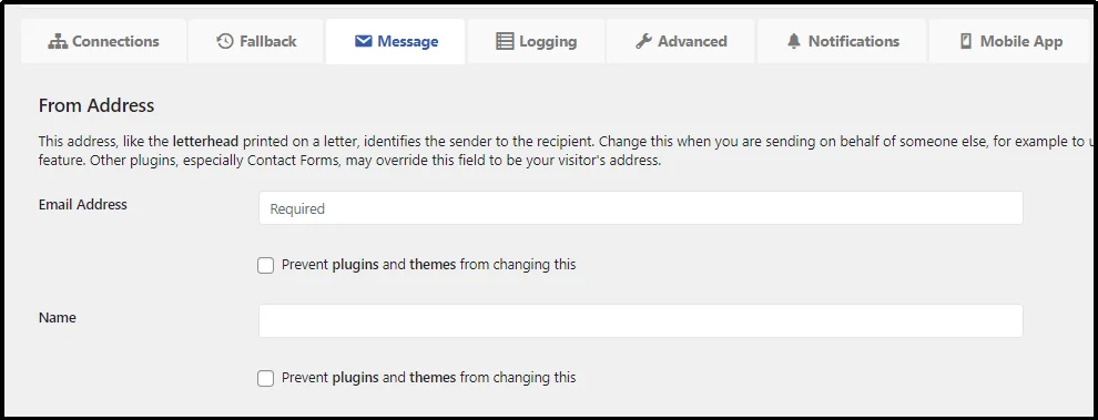 Navigate to the Message tab in Post SMTP settings