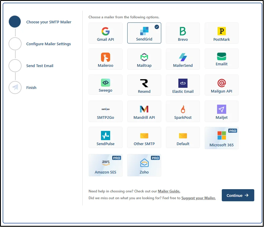 Choose an SMTP mailer from the available Post SMTP mailer options