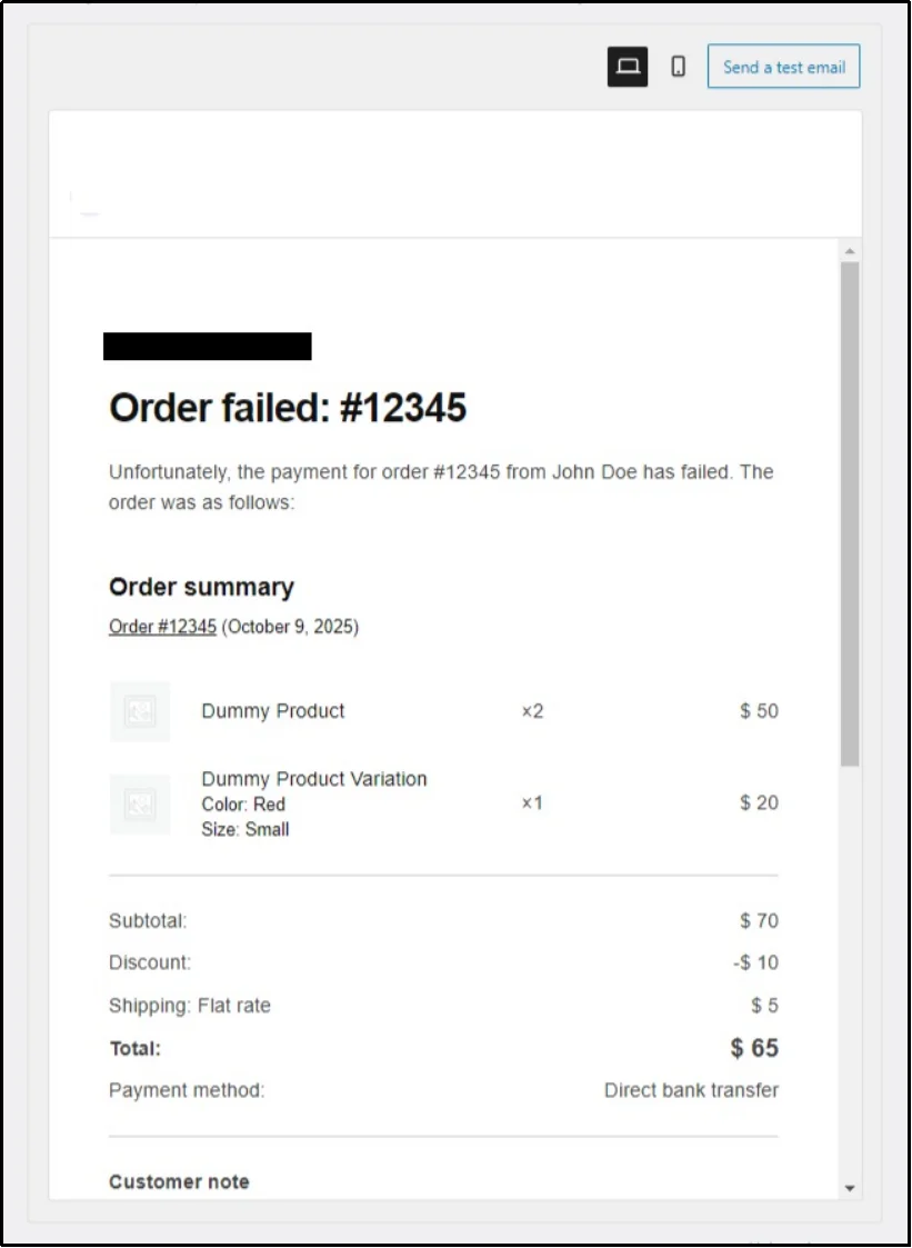 Review the details of the failed email order