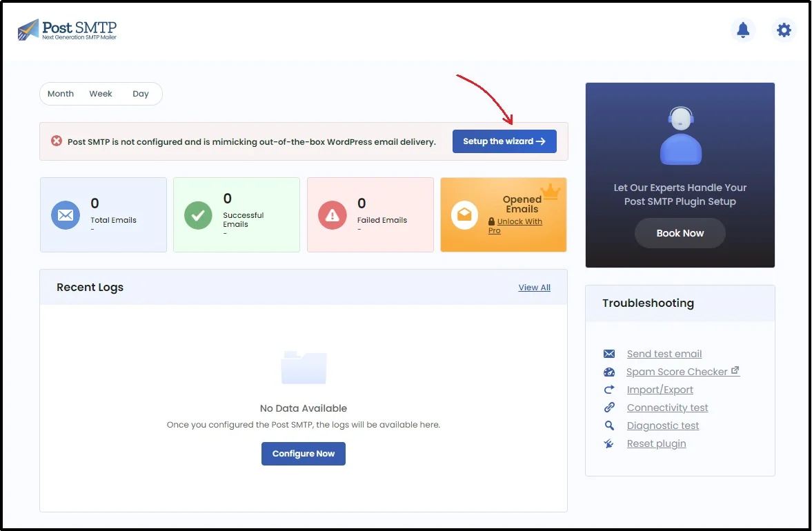 Running the Post SMTP setup wizard for email configuration