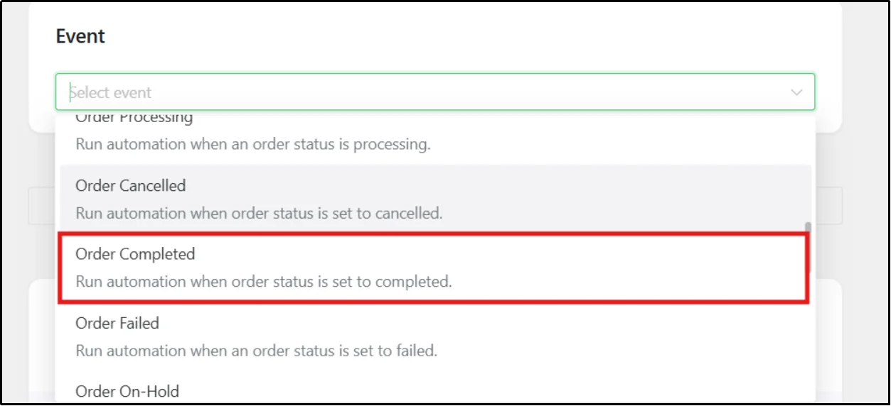 Select Order Completed as the event trigger for review request emails